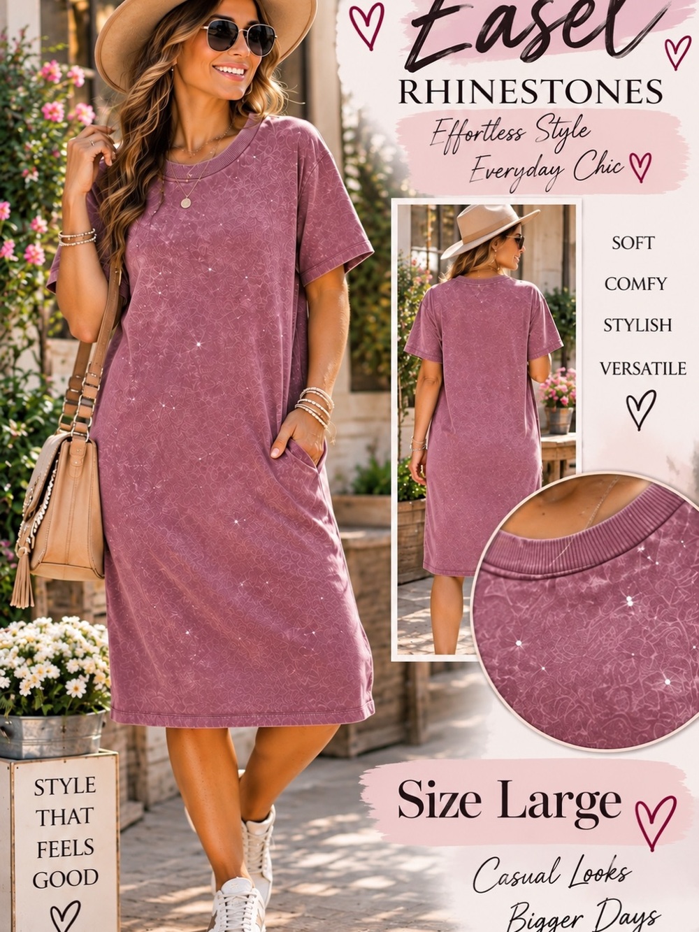 NWT Easel Dusty Rose Rhinestone Mineral Midi T-Shirt Dress